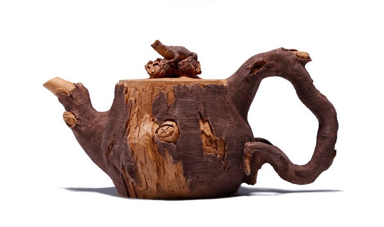 仿木外皮紫砂壺，創(chuàng)意木樁手工雕刻紫砂壺